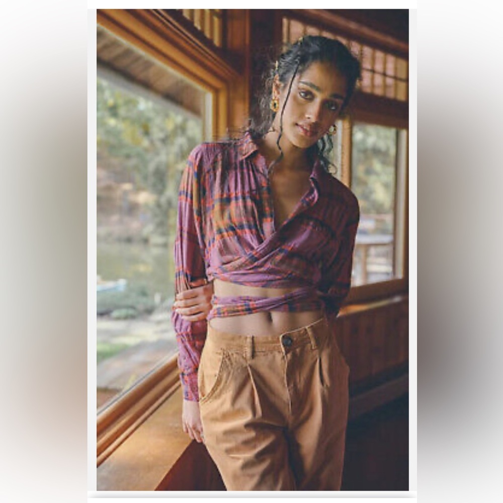 Free People We The Free Purple One Way Plaid Wrap Top Size Xs Crop Top NWT